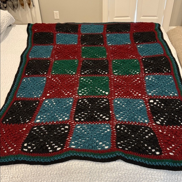 Vintage Handmade Colorful Crochet Square Blanket Quilt 77x57 Twin Size